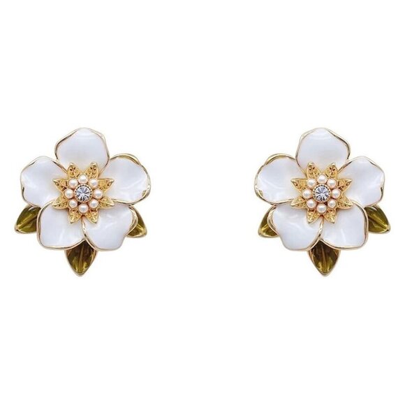 Jewelry - Cute Vintage Korean Style Flower & Leaf Enamel Studs Floral Fashion Earrings 1"